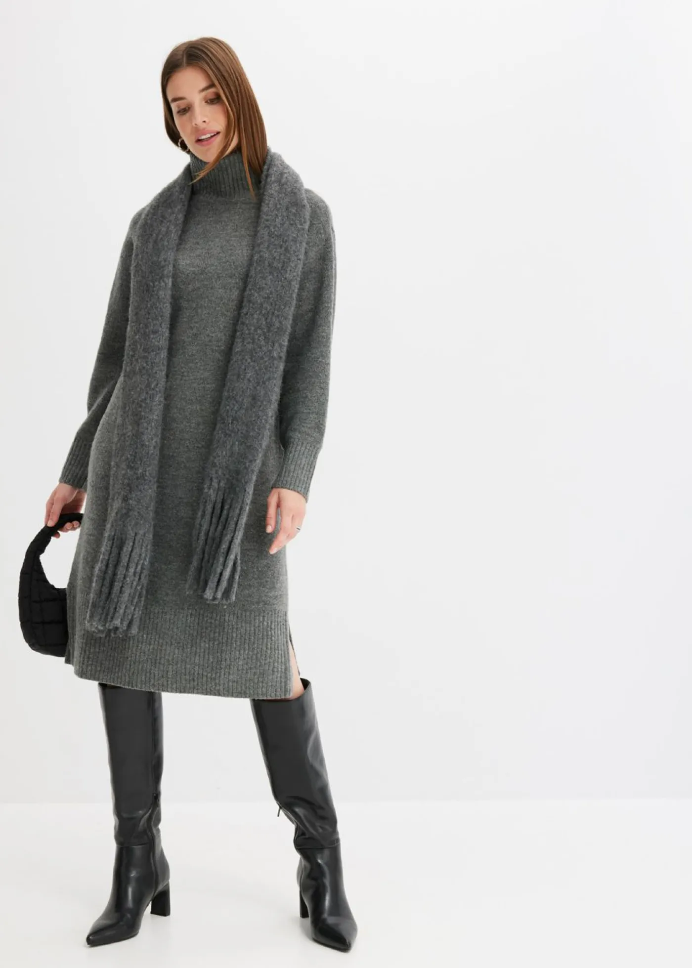 bonprix bonprix Vestido de punto con abertura Antracita jaspeado Discount
