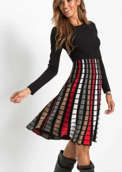 bonprix bonprix Vestido de punto con cuadros Negro-rojo-marrón-blanco lana de cuadros Discount