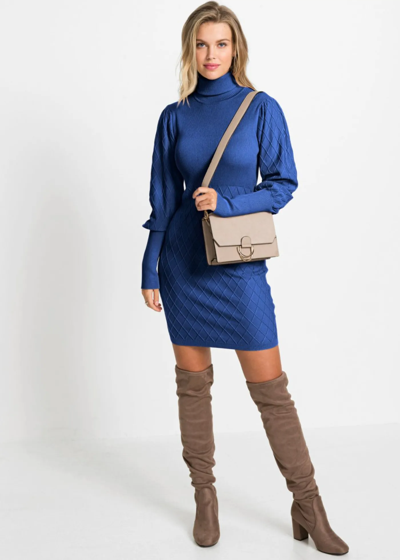 bonprix bonprix Vestido de punto con cuello vuelto Azul oxford Discount