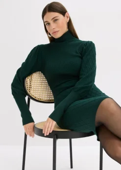 bonprix bonprix Vestido de punto con cuello vuelto Verde intenso Sale