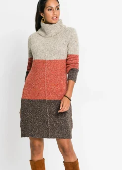 bonprix bonprix Vestido de punto con cuello vuelto marrón oscuro / beige / naranja moteado Sale