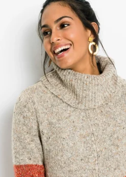bonprix bonprix Vestido de punto con cuello vuelto marrón oscuro / beige / naranja moteado Sale