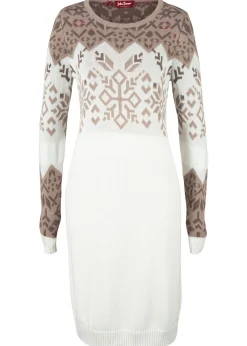 bonprix bonprix Vestido de punto con estampado invernal crema suave / piedra / marrón / baya mate