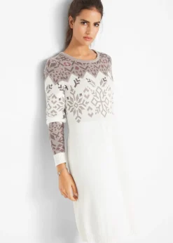 bonprix bonprix Vestido de punto con estampado invernal crema suave / piedra / marrón / baya mate