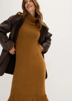 bonprix bonprix Vestido de punto con flecos en el dobladillo Marrón coñac New