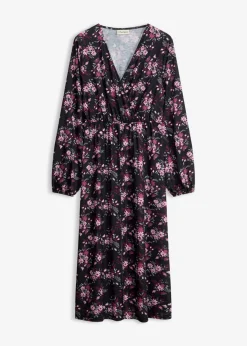 bonprix bonprix Vestido de punto con mangas abullonadas Negro con flores