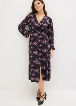 bonprix bonprix Vestido de punto con mangas abullonadas Negro con flores