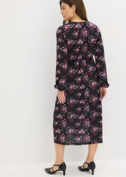 bonprix bonprix Vestido de punto con mangas abullonadas Negro con flores