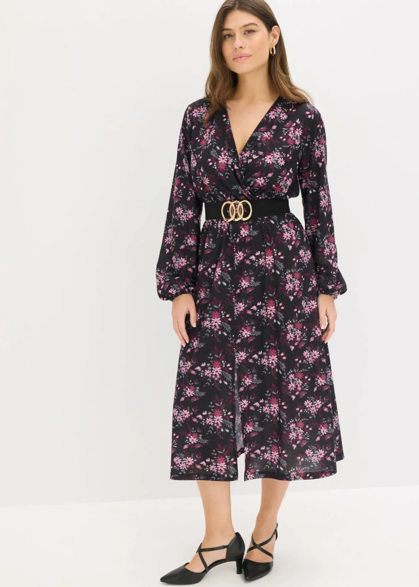 bonprix bonprix Vestido de punto con mangas abullonadas Negro con flores