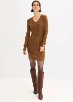 bonprix bonprix Vestido de punto con patrón trenzado marrón pimienta Discount