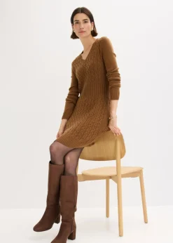 bonprix bonprix Vestido de punto con patrón trenzado marrón pimienta Discount