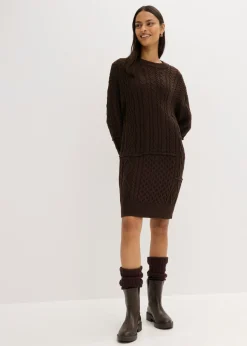 bonprix bonprix Vestido de punto con patrón trenzado Marrón oscuro Sale