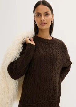 bonprix bonprix Vestido de punto con patrón trenzado Marrón oscuro Sale