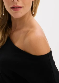 bonprix bonprix Vestido de punto con un hombro al descubierto Negro Hot