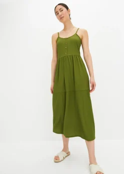 bonprix bonprix Vestido de punto con volantes y botones decorativos Musgo oscuro New