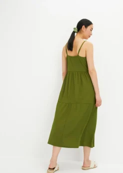bonprix bonprix Vestido de punto con volantes y botones decorativos Musgo oscuro New