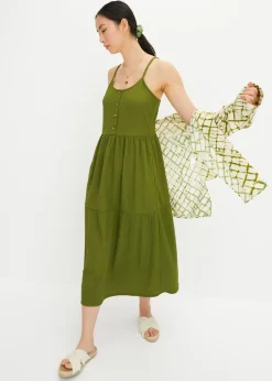 bonprix bonprix Vestido de punto con volantes y botones decorativos Musgo oscuro New