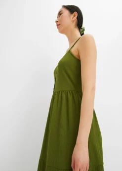 bonprix bonprix Vestido de punto con volantes y botones decorativos Musgo oscuro New