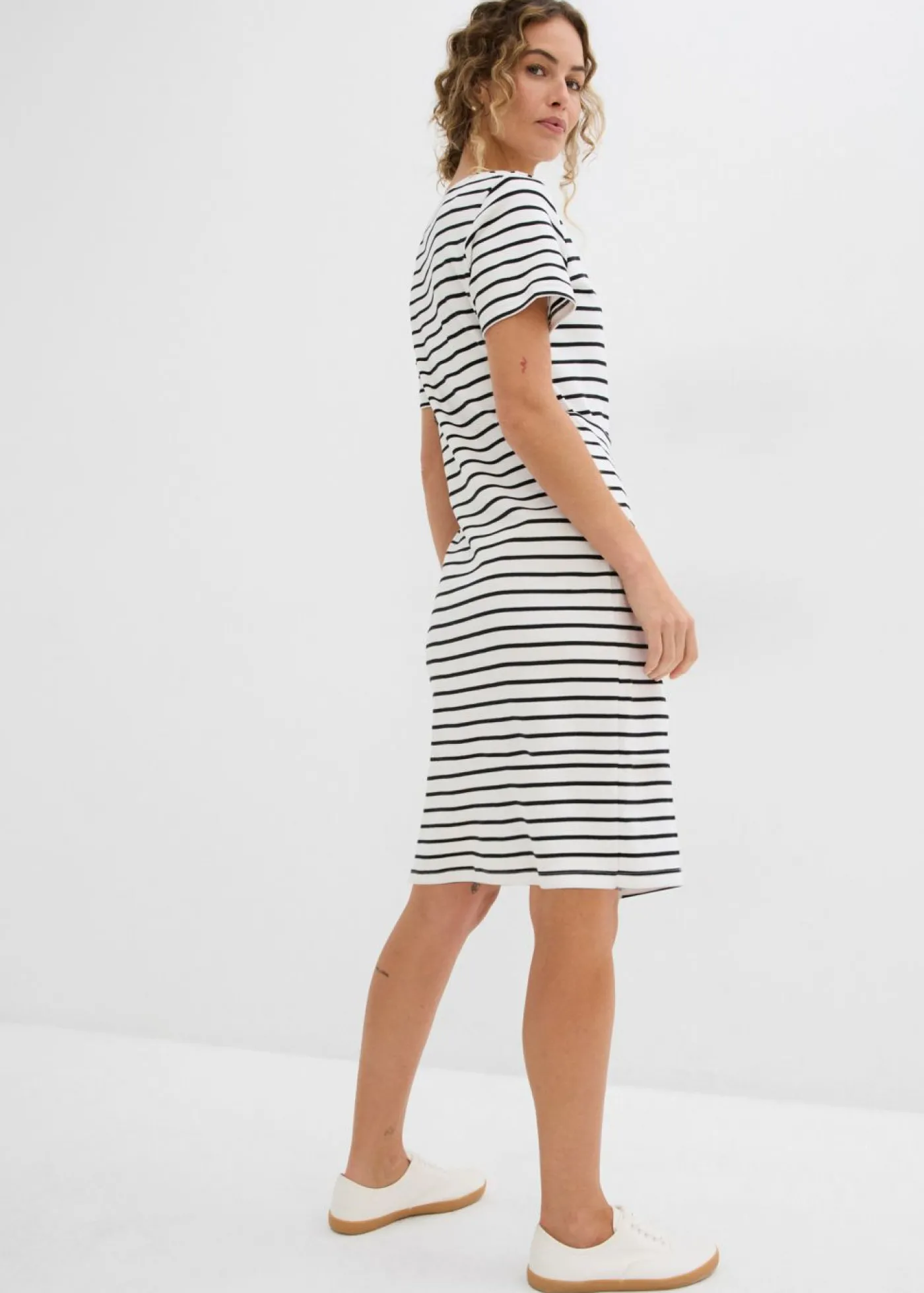 bonprix bonprix Vestido de punto de algodón puro blanco lana-negro con rayas Discount