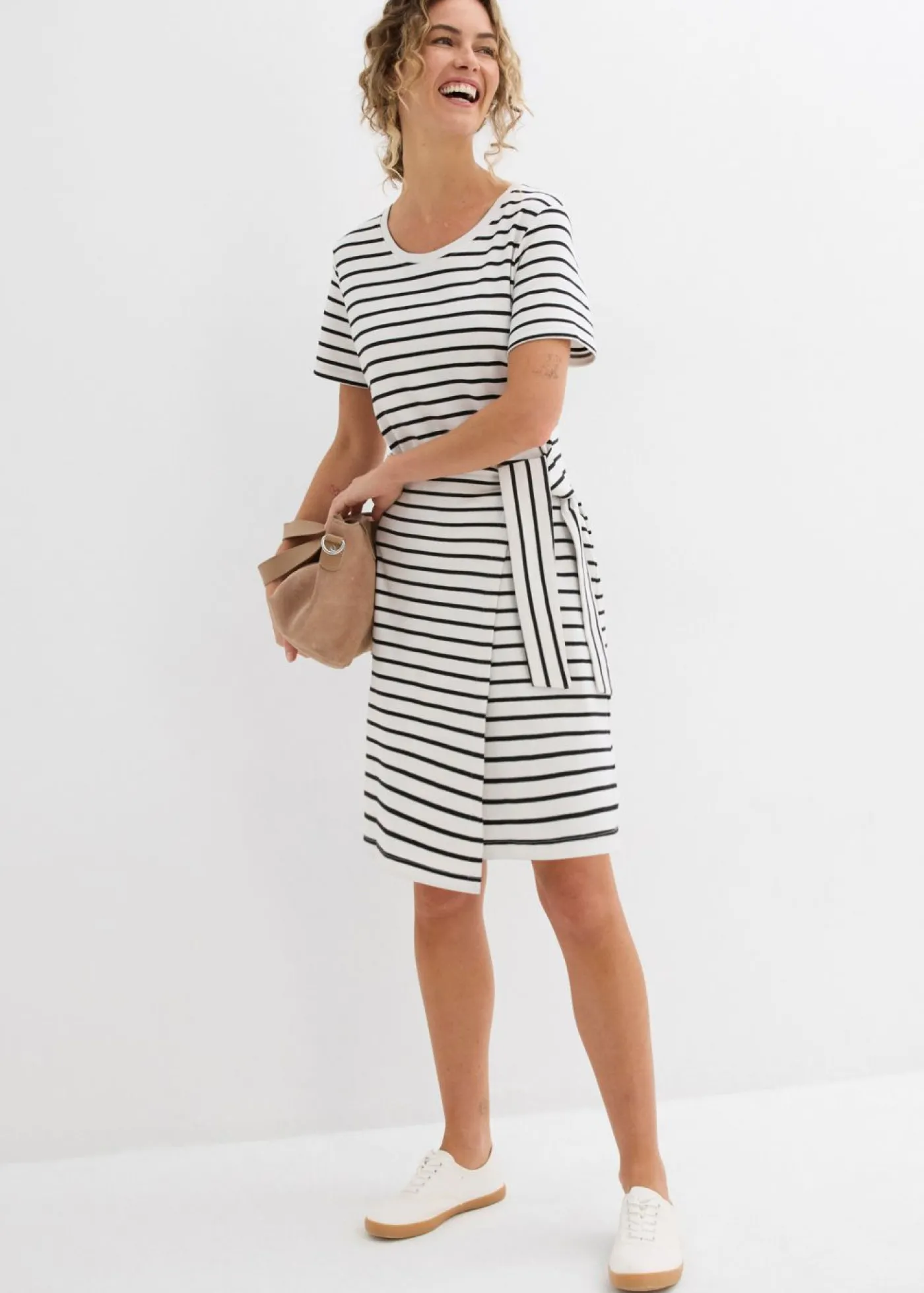 bonprix bonprix Vestido de punto de algodón puro blanco lana-negro con rayas Discount
