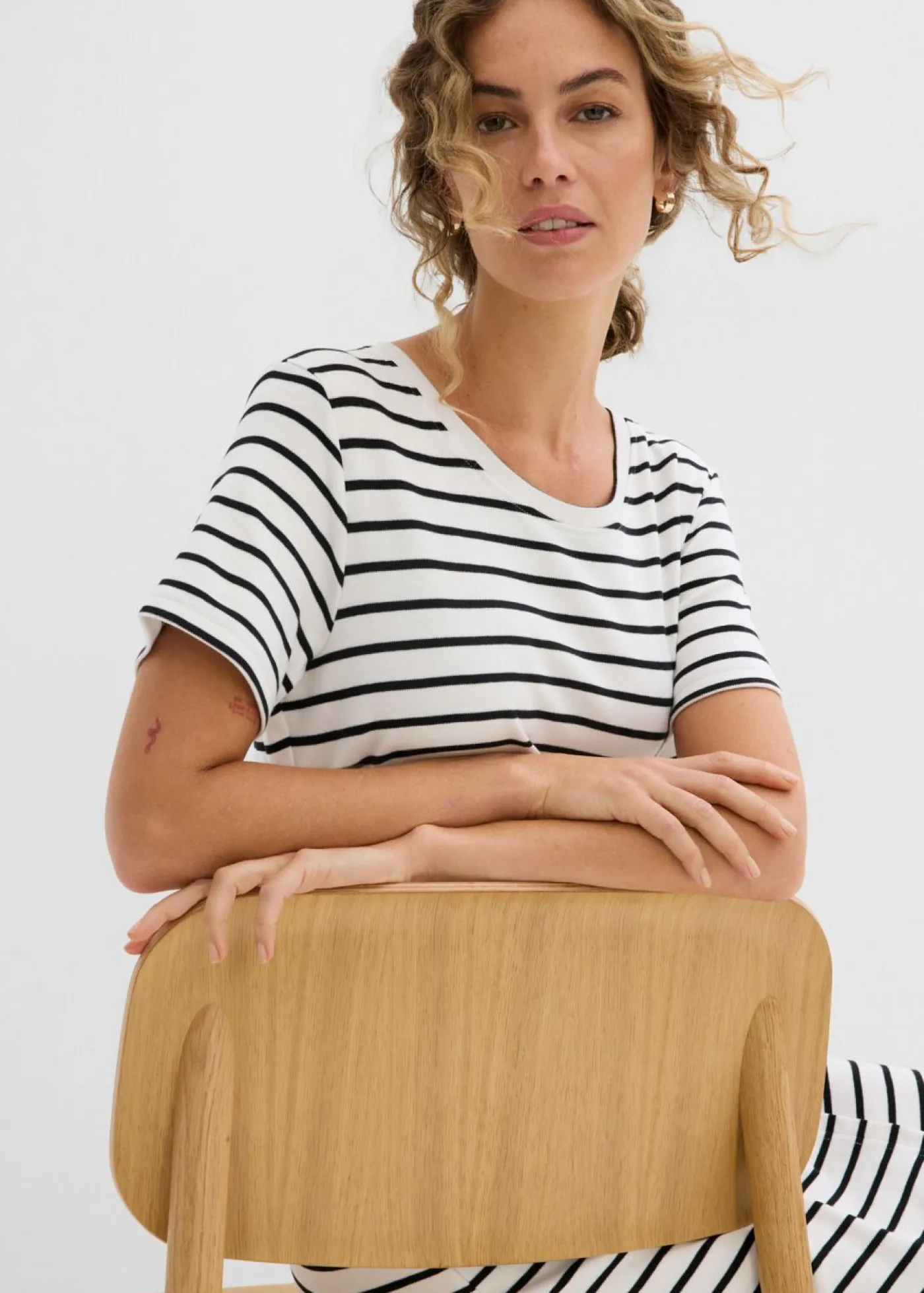 bonprix bonprix Vestido de punto de algodón puro blanco lana-negro con rayas Discount