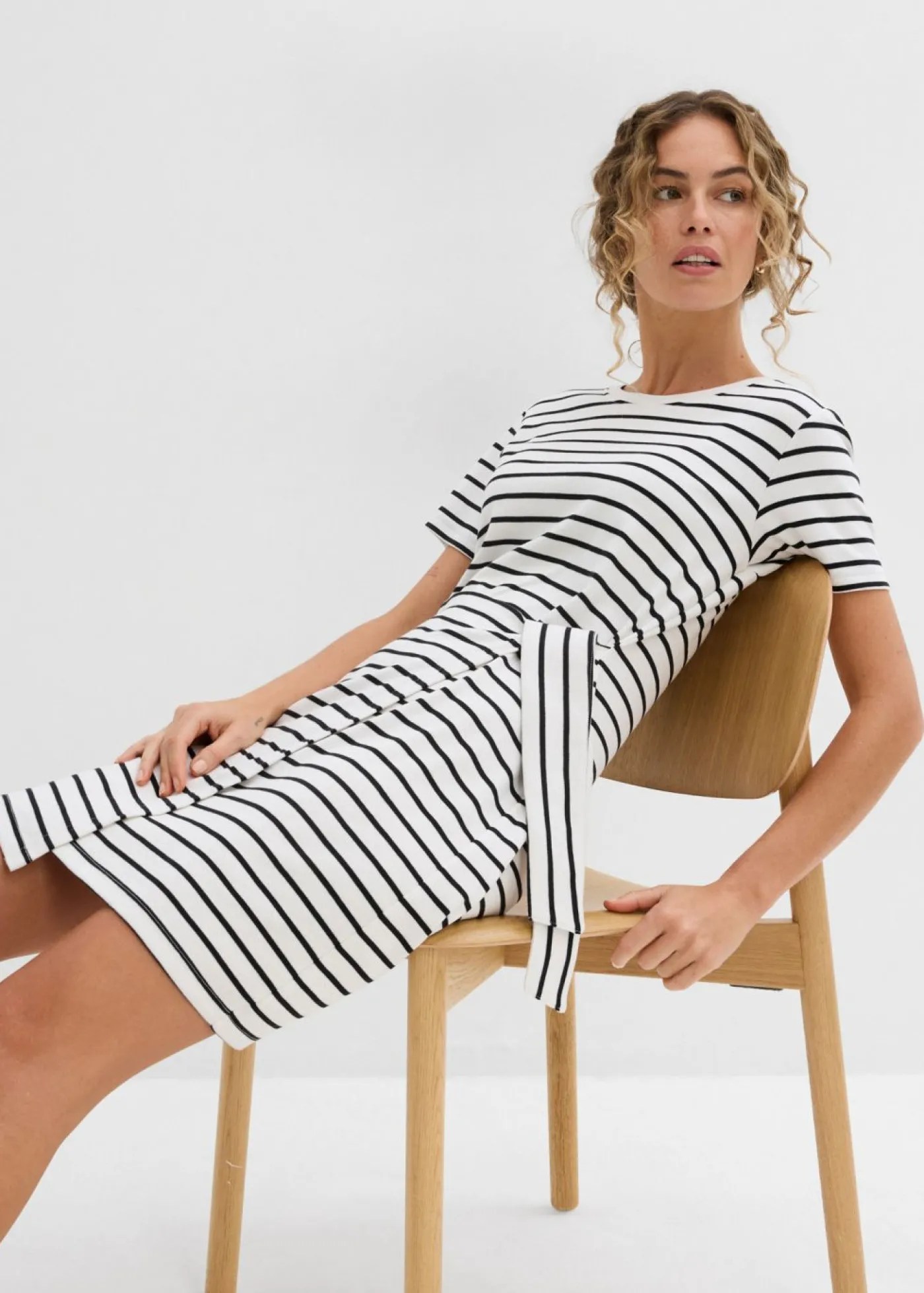 bonprix bonprix Vestido de punto de algodón puro blanco lana-negro con rayas Discount