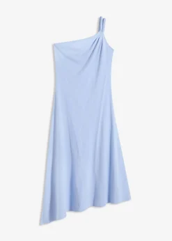 bonprix bonprix Vestido de punto de algodón con dobladillo asimétrico y detalle de nudo en el hombro Azul perla Best