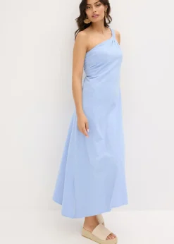 bonprix bonprix Vestido de punto de algodón con dobladillo asimétrico y detalle de nudo en el hombro Azul perla Best