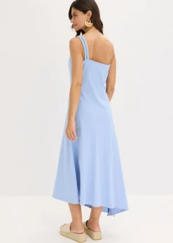 bonprix bonprix Vestido de punto de algodón con dobladillo asimétrico y detalle de nudo en el hombro Azul perla Best