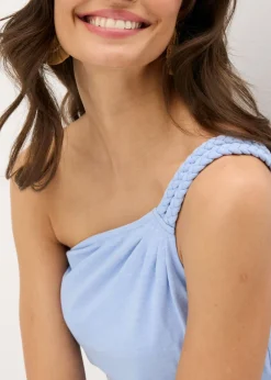 bonprix bonprix Vestido de punto de algodón con dobladillo asimétrico y detalle de nudo en el hombro Azul perla Best