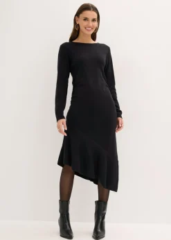 bonprix bonprix Vestido de punto de algodón y cachemir con dobladillo asimétrico Negro Sale