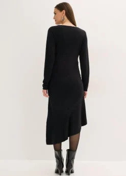 bonprix bonprix Vestido de punto de algodón y cachemir con dobladillo asimétrico Negro Sale