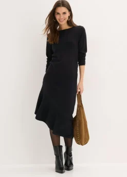bonprix bonprix Vestido de punto de algodón y cachemir con dobladillo asimétrico Negro Sale