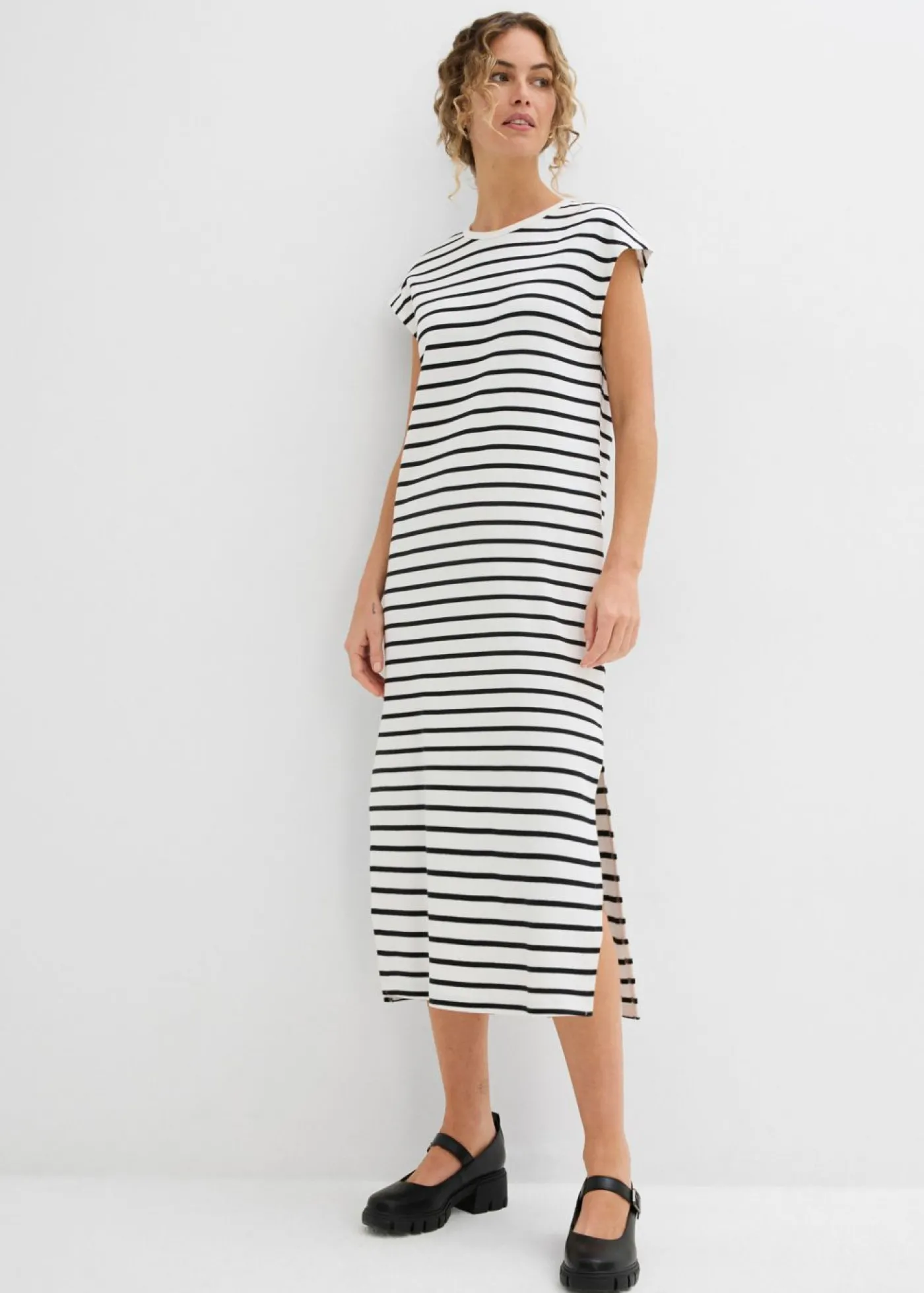 bonprix bonprix Vestido de punto de algodón puro blanco lana-negro con rayas New