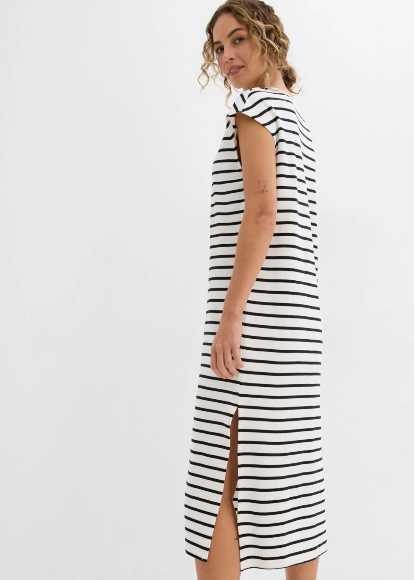 bonprix bonprix Vestido de punto de algodón puro blanco lana-negro con rayas New