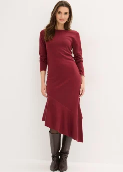 bonprix bonprix Vestido de punto de algodón y cachemir con dobladillo asimétrico Rojo rubí Outlet