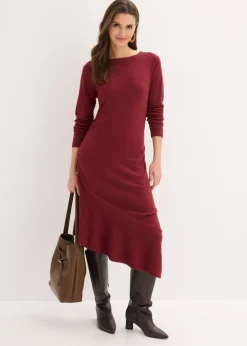 bonprix bonprix Vestido de punto de algodón y cachemir con dobladillo asimétrico Rojo rubí Outlet