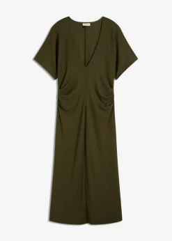 bonprix bonprix Vestido de punto de canalé con fruncido lateral Verde oliva oscuro Sale