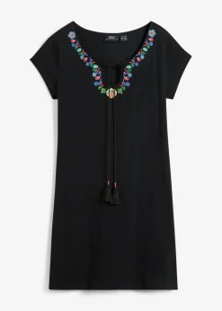bonprix bonprix Vestido de punto de hilo flameado de algodón puro Negro con flores Clearance
