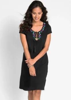 bonprix bonprix Vestido de punto de hilo flameado de algodón puro Negro con flores Clearance