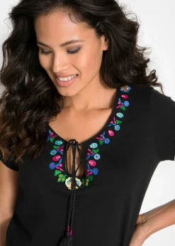 bonprix bonprix Vestido de punto de hilo flameado de algodón puro Negro con flores Clearance