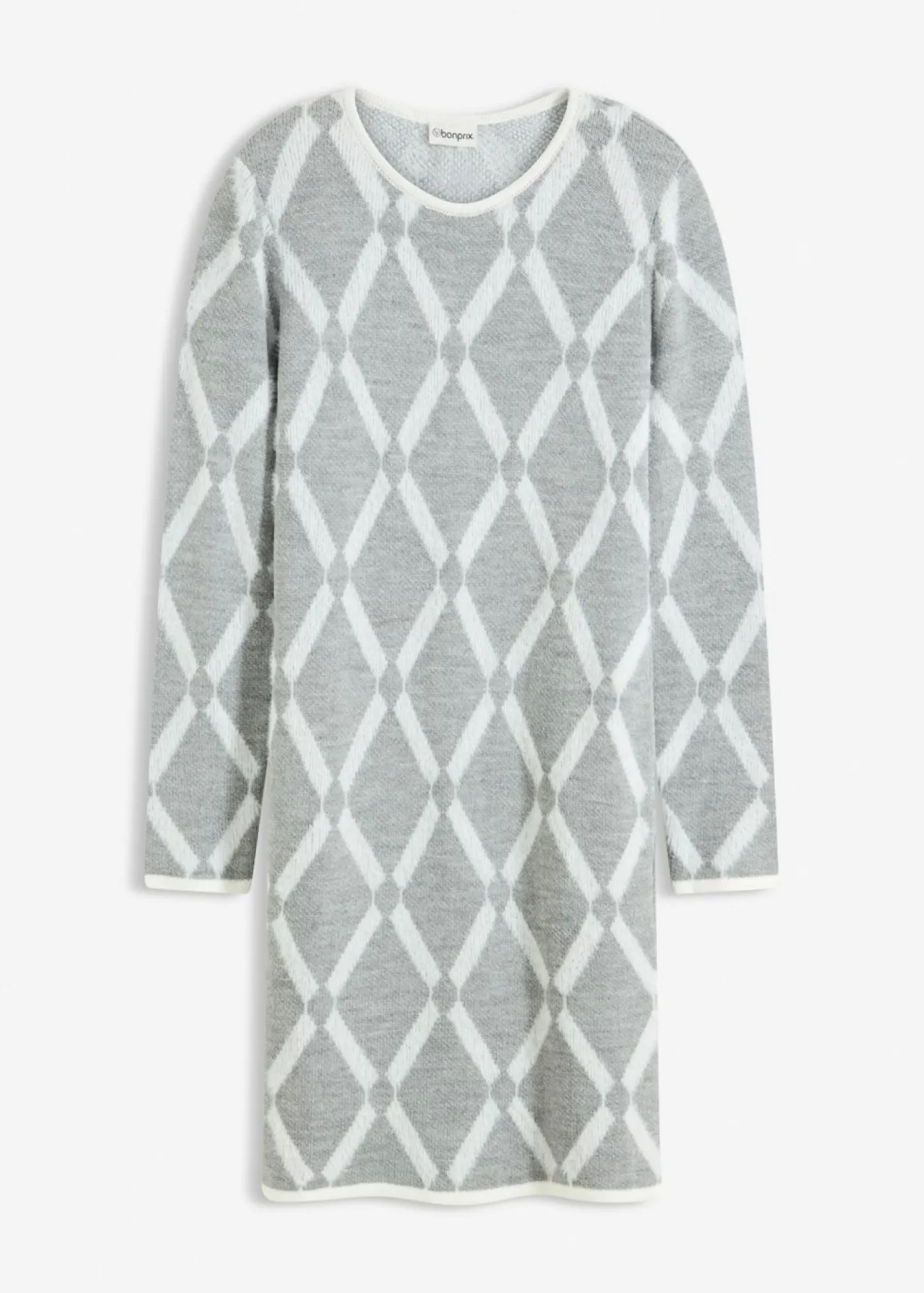 bonprix bonprix Vestido de punto de hilo metálico con estampado de rombos Gris claro jaspeado/blanco lana con estampado gráfico Best