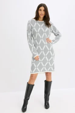 bonprix bonprix Vestido de punto de hilo metálico con estampado de rombos Gris claro jaspeado/blanco lana con estampado gráfico Best