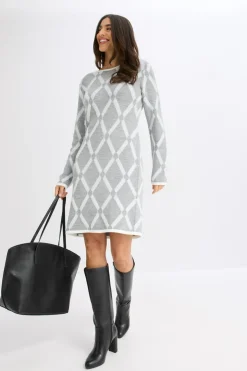 bonprix bonprix Vestido de punto de hilo metálico con estampado de rombos Gris claro jaspeado/blanco lana con estampado gráfico Best
