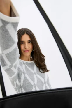 bonprix bonprix Vestido de punto de hilo metálico con estampado de rombos Gris claro jaspeado/blanco lana con estampado gráfico Best