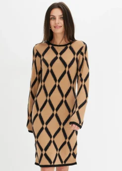 bonprix bonprix Vestido de punto de hilo metálico con estampado de rombos marrón claro-negro a cuadros Online