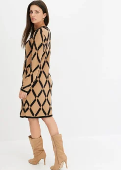 bonprix bonprix Vestido de punto de hilo metálico con estampado de rombos marrón claro-negro a cuadros Online