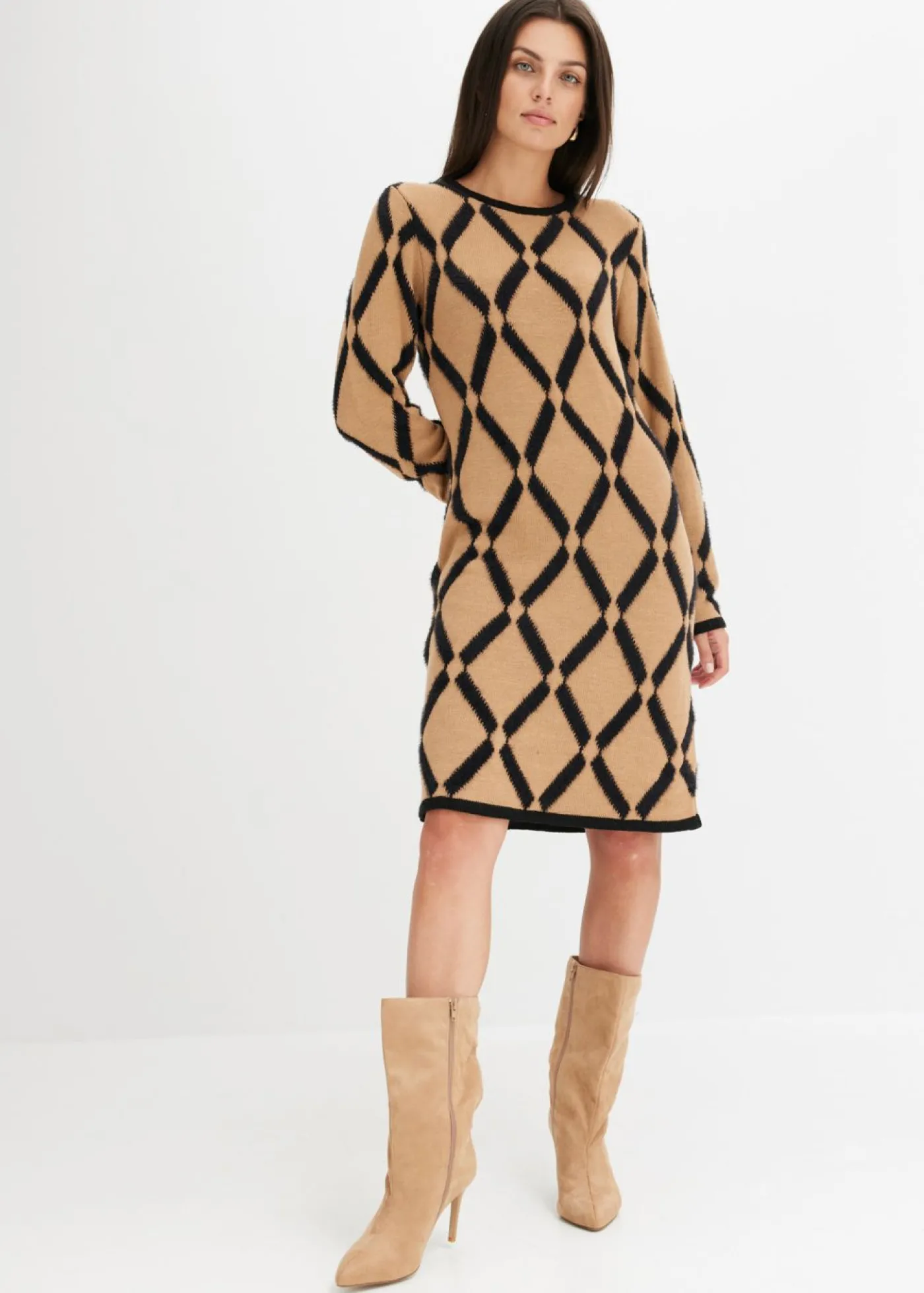 bonprix bonprix Vestido de punto de hilo metálico con estampado de rombos marrón claro-negro a cuadros Online