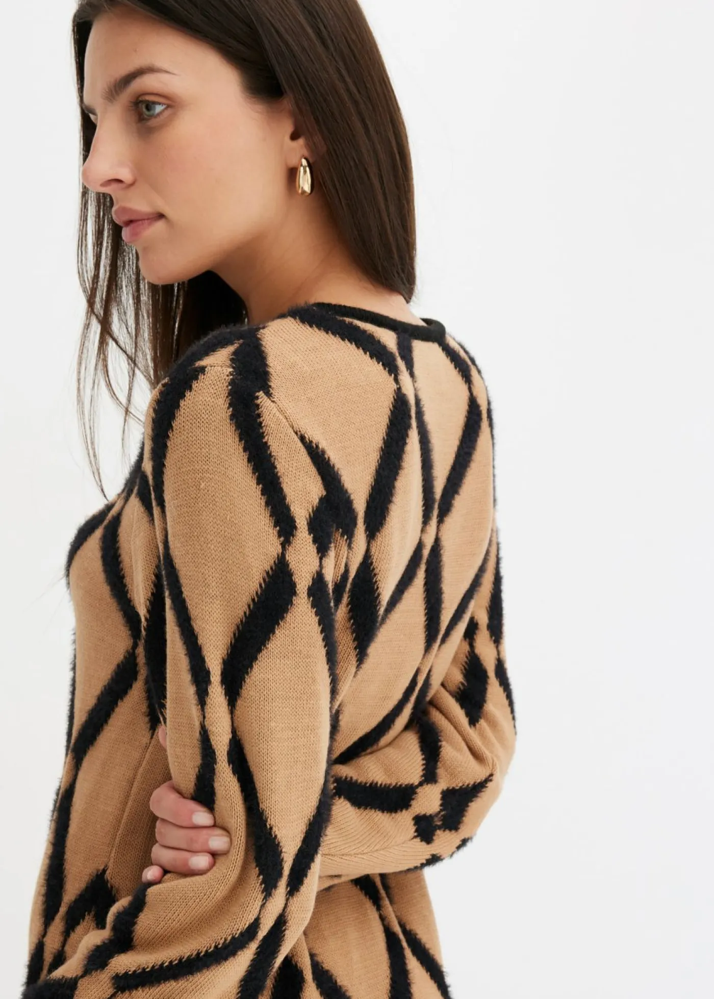 bonprix bonprix Vestido de punto de hilo metálico con estampado de rombos marrón claro-negro a cuadros Online