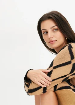 bonprix bonprix Vestido de punto de hilo metálico con estampado de rombos marrón claro-negro a cuadros Online
